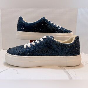 Betsy Johnson Sidney Womens Navy Blue Rhinestone Sneakers Shoes Lace Up Size 9.5